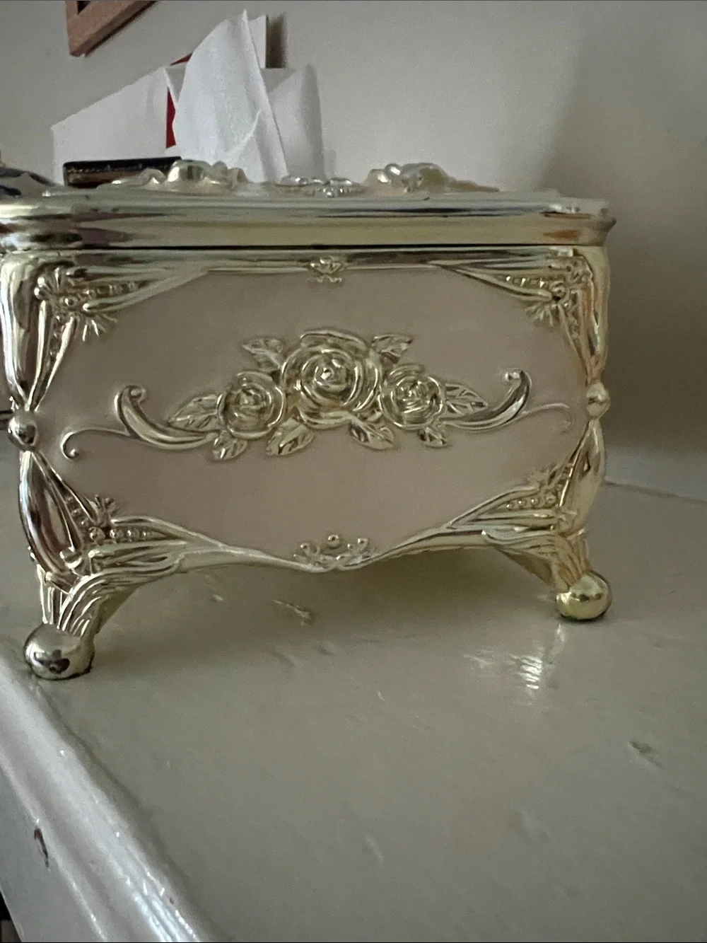 Elegant Gold and Cream Floral Tissue Box Cover - Home Bath